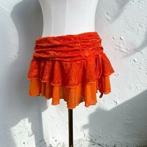 Y2K Orange Lace Ruffle Mini Skirt Fairycore Balletcore Sheer Layered Low Rise M